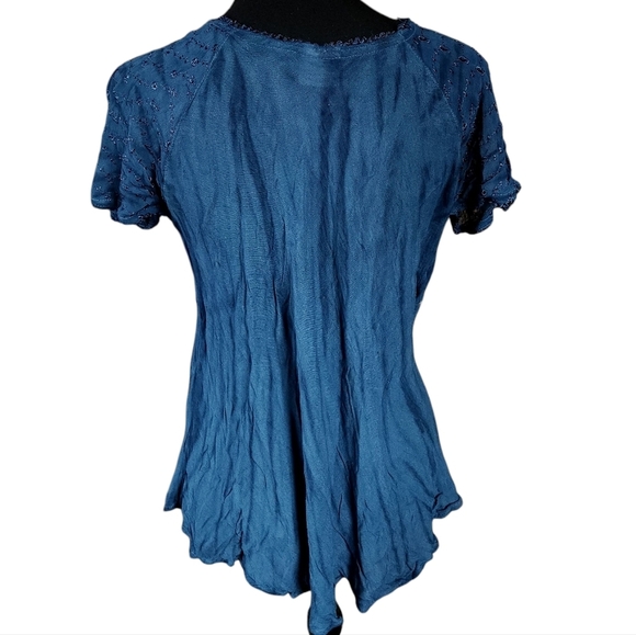 Vintage Blue Lace Up Neck Flowy Eyelet Top - Picture 2 of 9